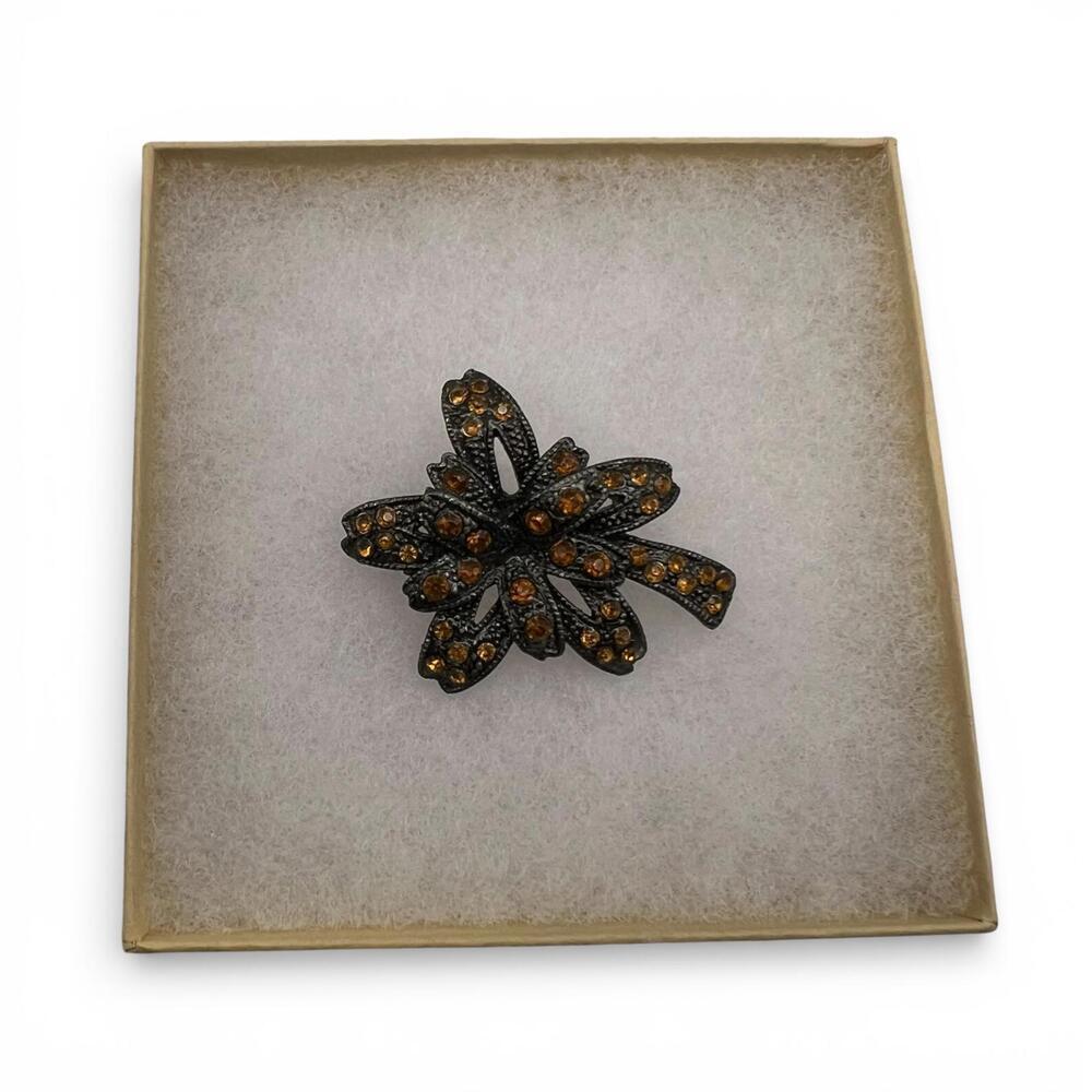 Vintage Floral Brooch with Amber-Colored Rhinestones